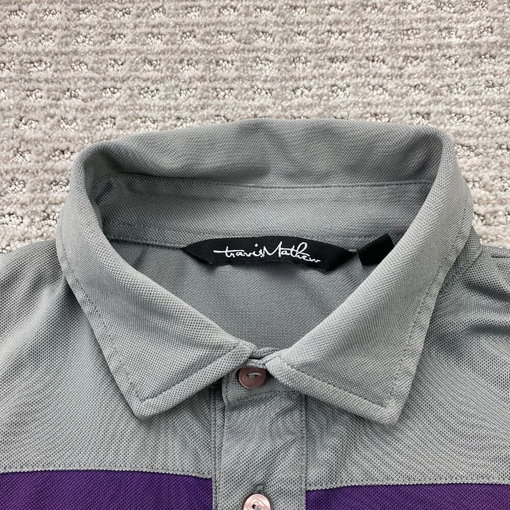 Travis Mathew Golf Shirt Men Medium M Gray Purple White Stripes Activewear Golf - Picture 3 of 9